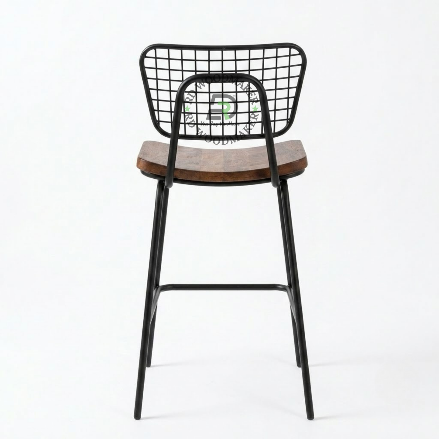 INDUSTRIAL WIRE-GRID COUNTER STOOL WITH WOODEN SEAT & FOOTREST