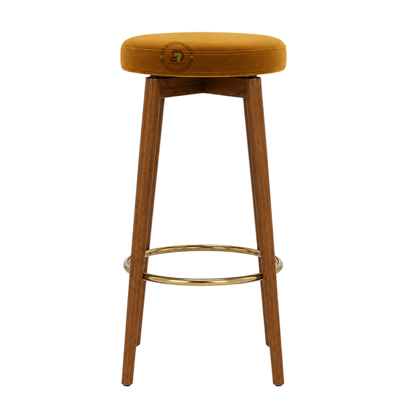 PREMIUM ROUND UPHOLSTERED WOODEN BAR STOOL WITH GOLD FOOTREST