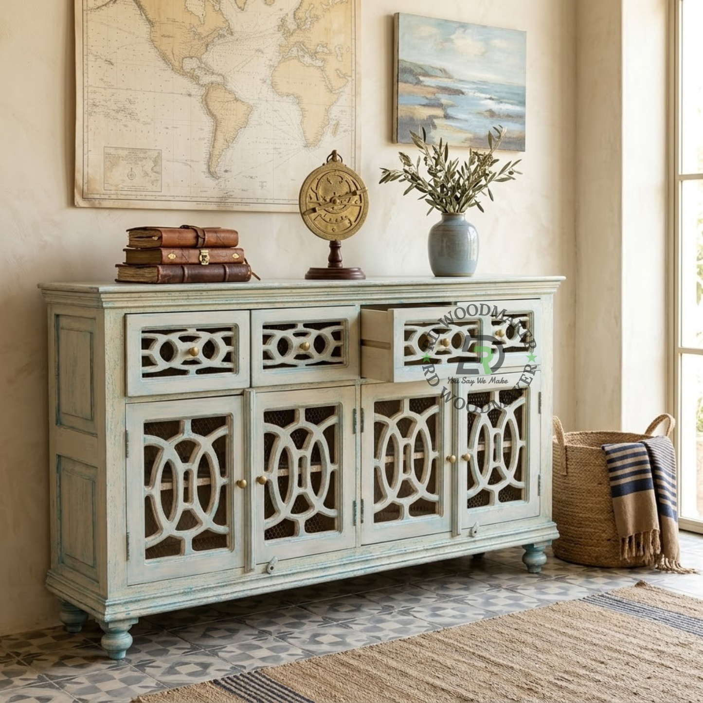 DISTRESSED BLUE WOODEN FOUR-DOOR SIDEBOARD