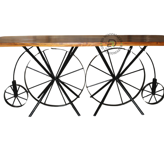 VINTAGE BICYCLE WHEEL WOODEN CONSOLE TABLE