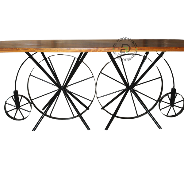 VINTAGE BICYCLE WHEEL WOODEN CONSOLE TABLE