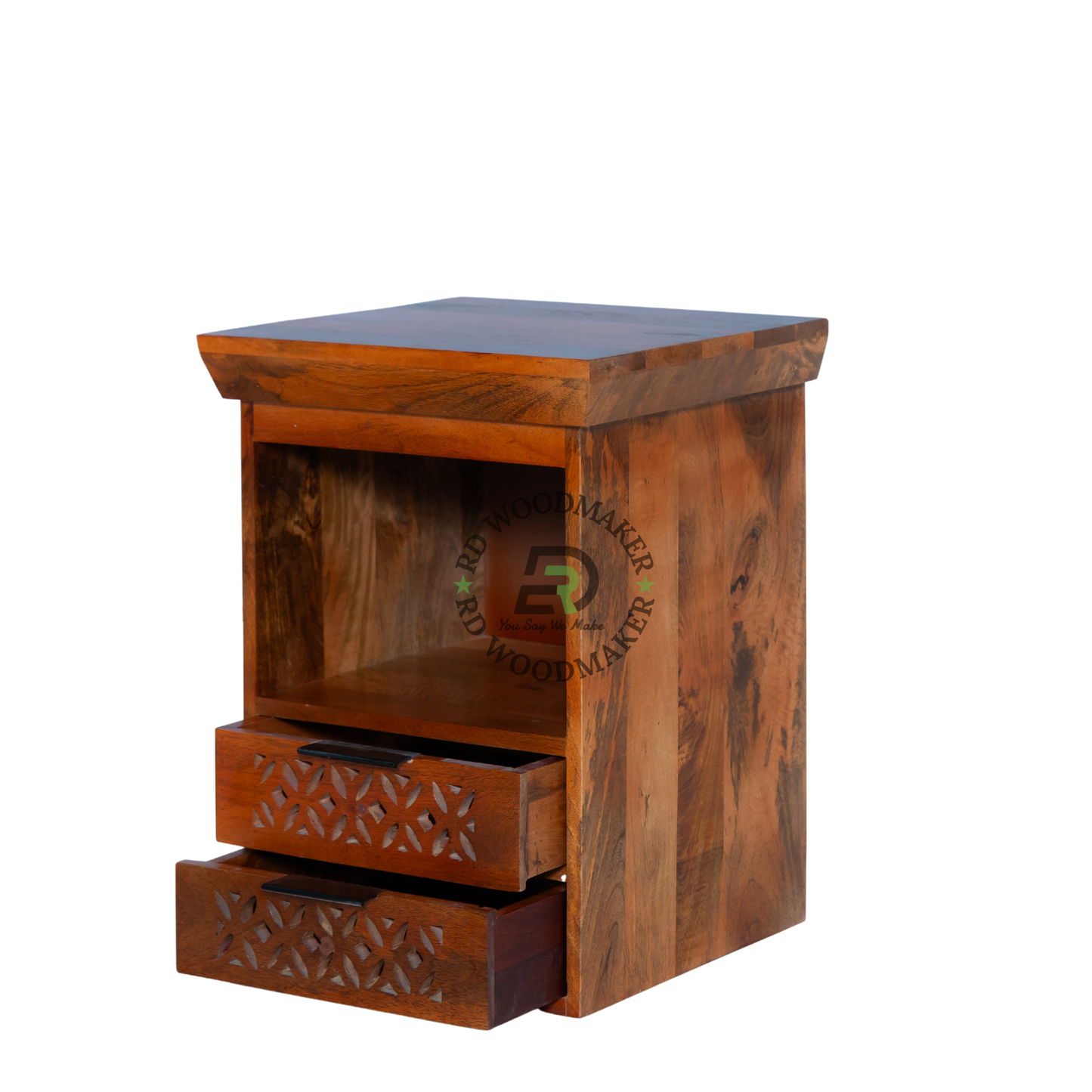 MODERN CARVED SOLID WOOD 2 DRAWER BEDSIDE TABLE