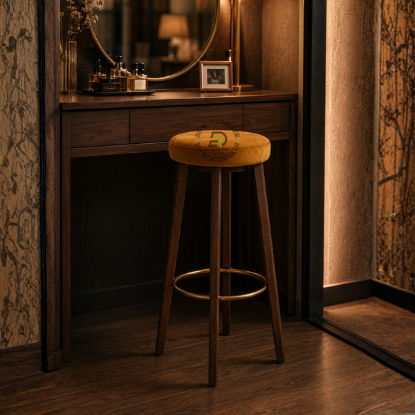 PREMIUM ROUND UPHOLSTERED WOODEN BAR STOOL WITH GOLD FOOTREST