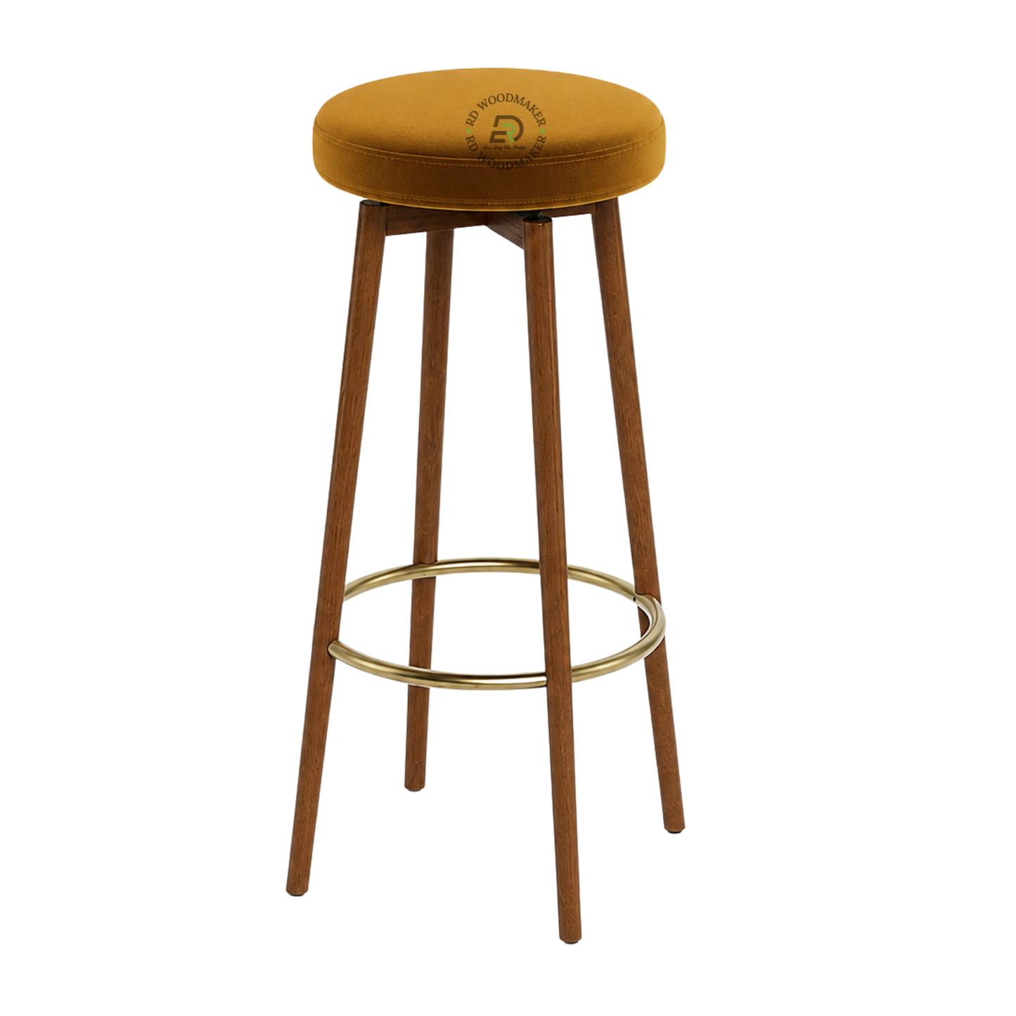 PREMIUM ROUND UPHOLSTERED WOODEN BAR STOOL WITH GOLD FOOTREST
