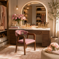 BLUSH PINK UPHOLSTERED WOODEN DINING ARMCHAIR