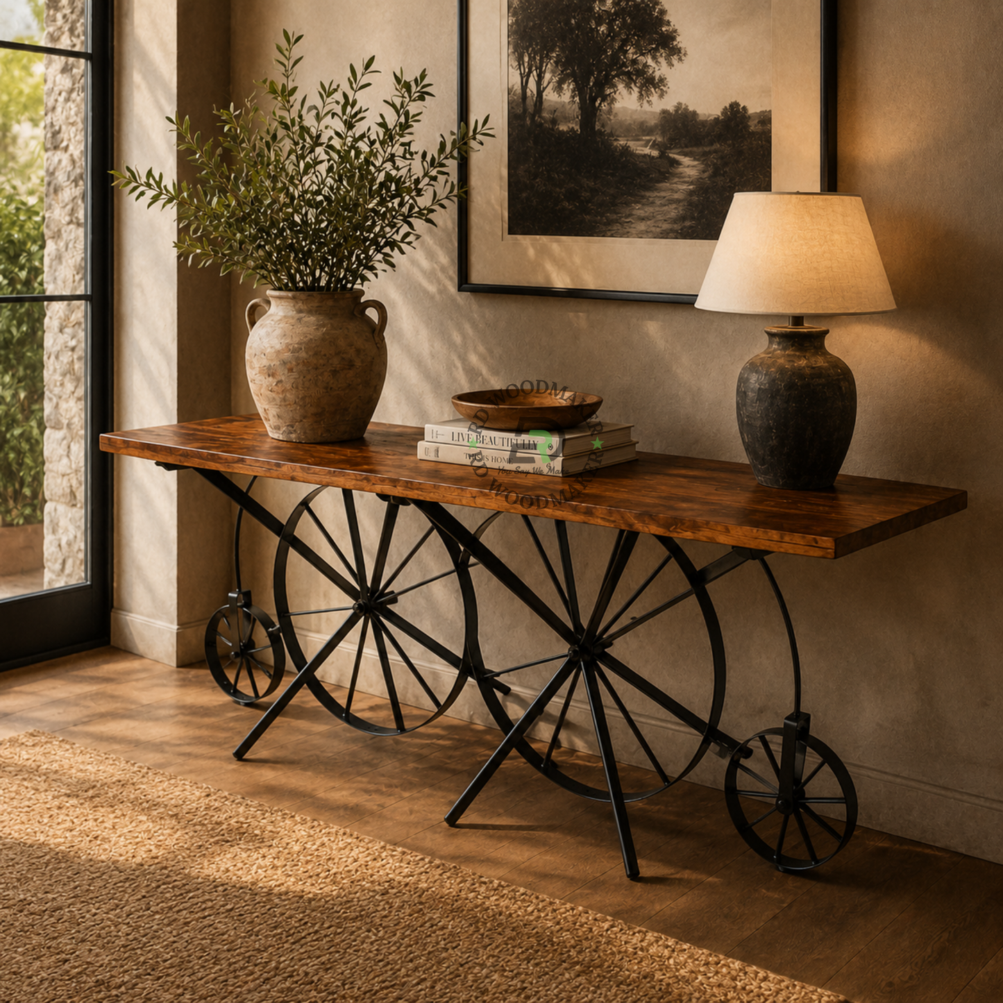 VINTAGE BICYCLE WHEEL WOODEN CONSOLE TABLE