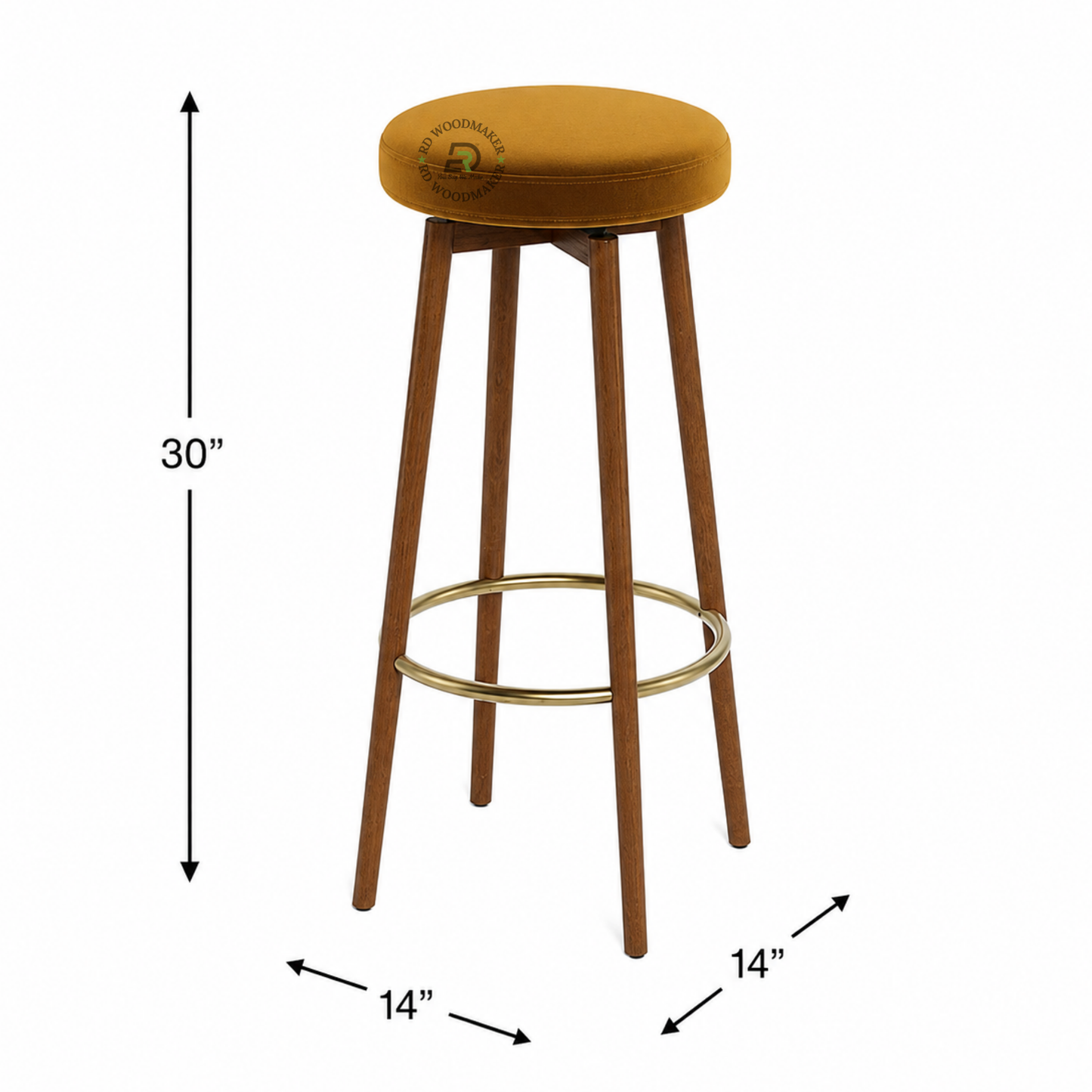 PREMIUM ROUND UPHOLSTERED WOODEN BAR STOOL WITH GOLD FOOTREST