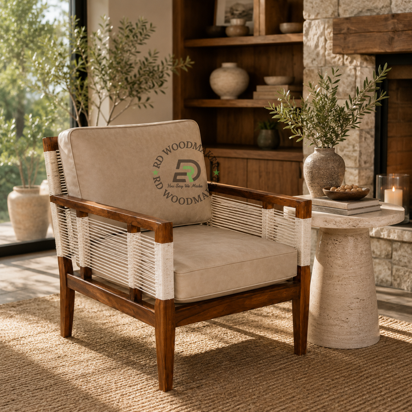 WOODEN CANE LOUNGE CHAIR WITH UPHOLSTERED CUSHIONS