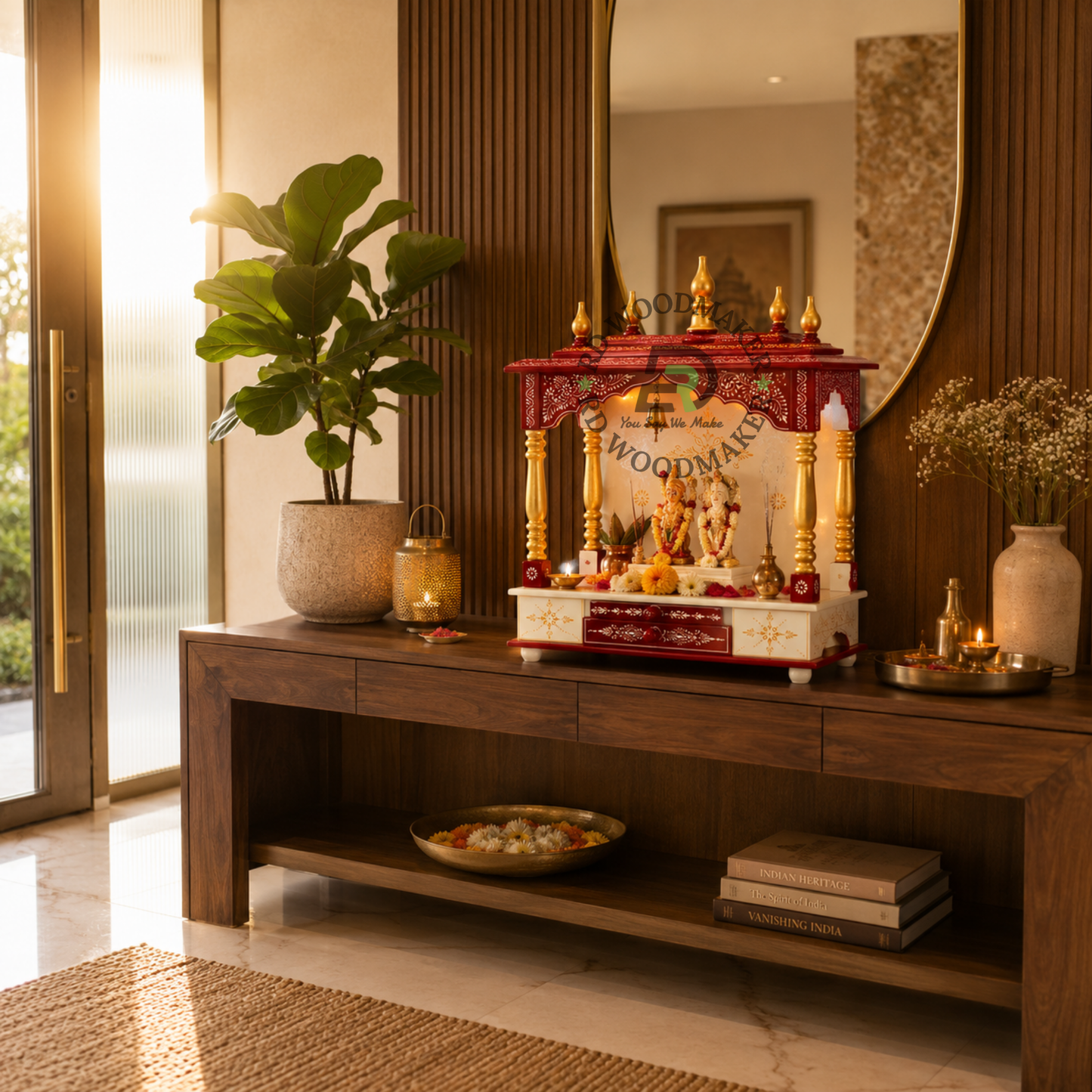 PREMIUM HAND-PAINTED IVORY & RED WOODEN HOME TEMPLE WITH ROYAL OPEN SHRINE & DOUBLE DRAWERS