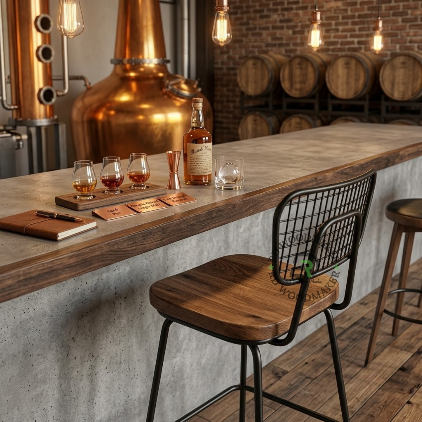 INDUSTRIAL WIRE-GRID COUNTER STOOL WITH WOODEN SEAT & FOOTREST