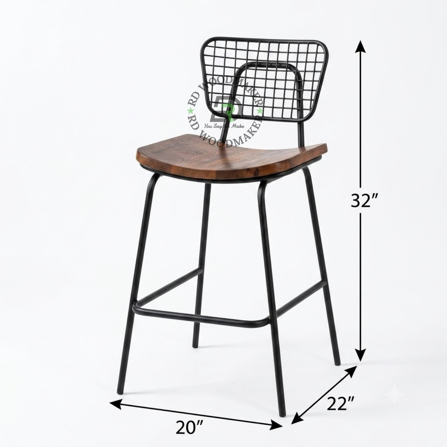 INDUSTRIAL WIRE-GRID COUNTER STOOL WITH WOODEN SEAT & FOOTREST