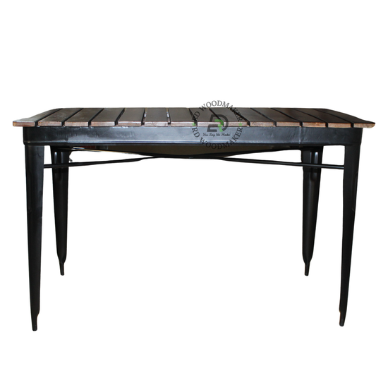 INDUSTRIAL SLATTED WOODEN DINING TABLE WITH BLACK METAL FRAME