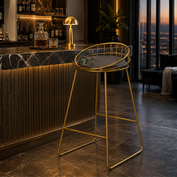 PREMIUM GOLD METAL COUNTER STOOL WITH GREY CUSHIONED SEAT