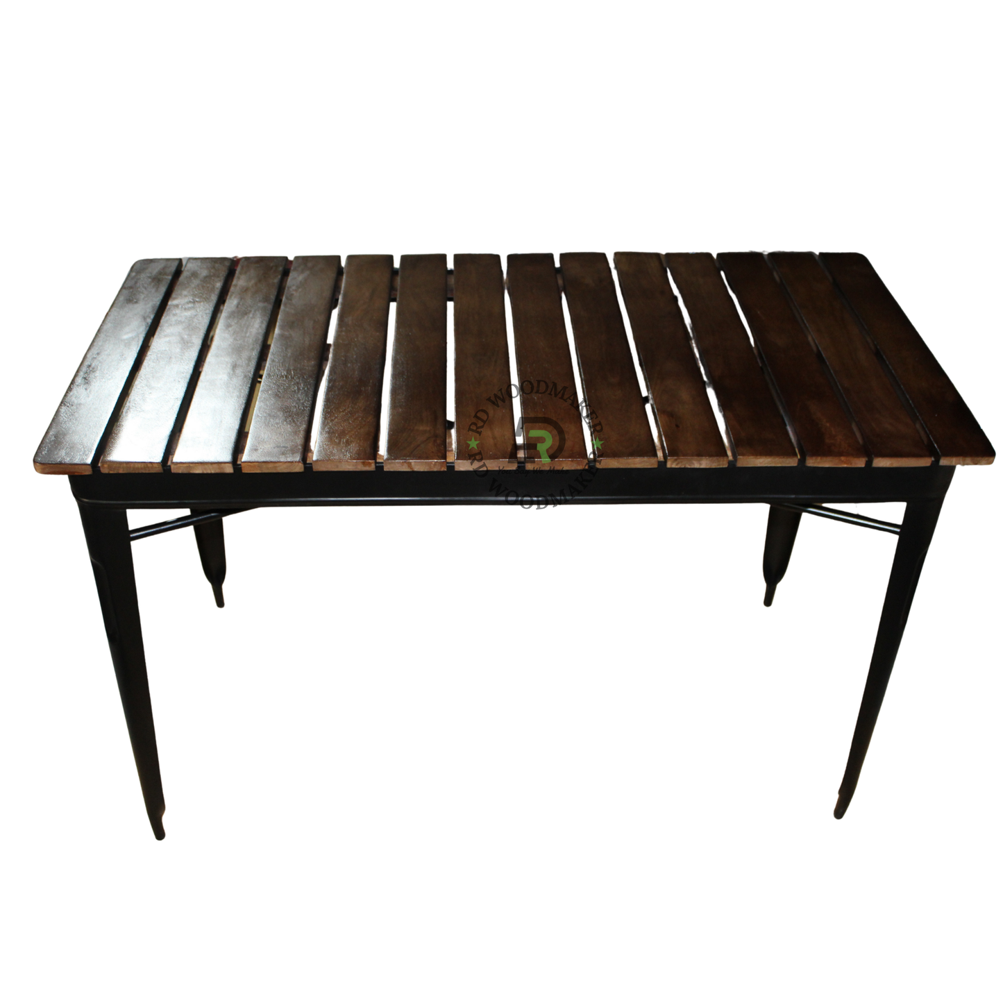 INDUSTRIAL SLATTED WOODEN DINING TABLE WITH BLACK METAL FRAME