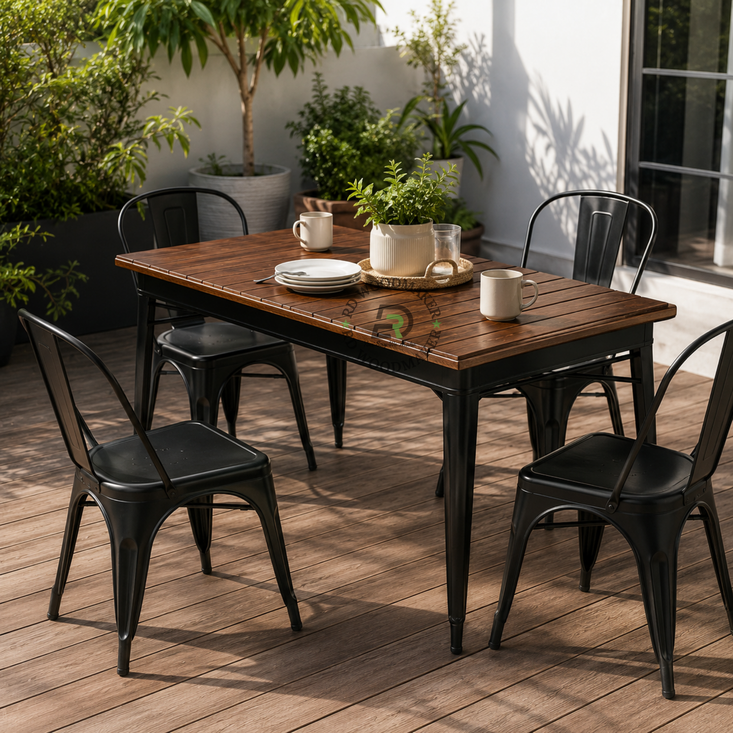 INDUSTRIAL SLATTED WOODEN DINING TABLE WITH BLACK METAL FRAME
