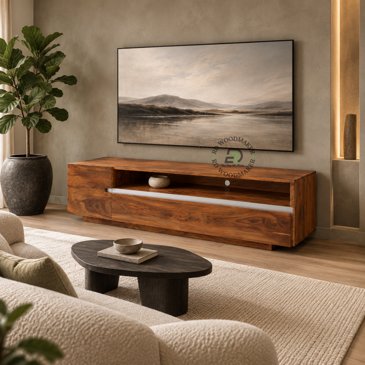 EVORA SOLID WOOD TV UNIT WITH OPEN MEDIA SHELF & CONCEALED STORAGE