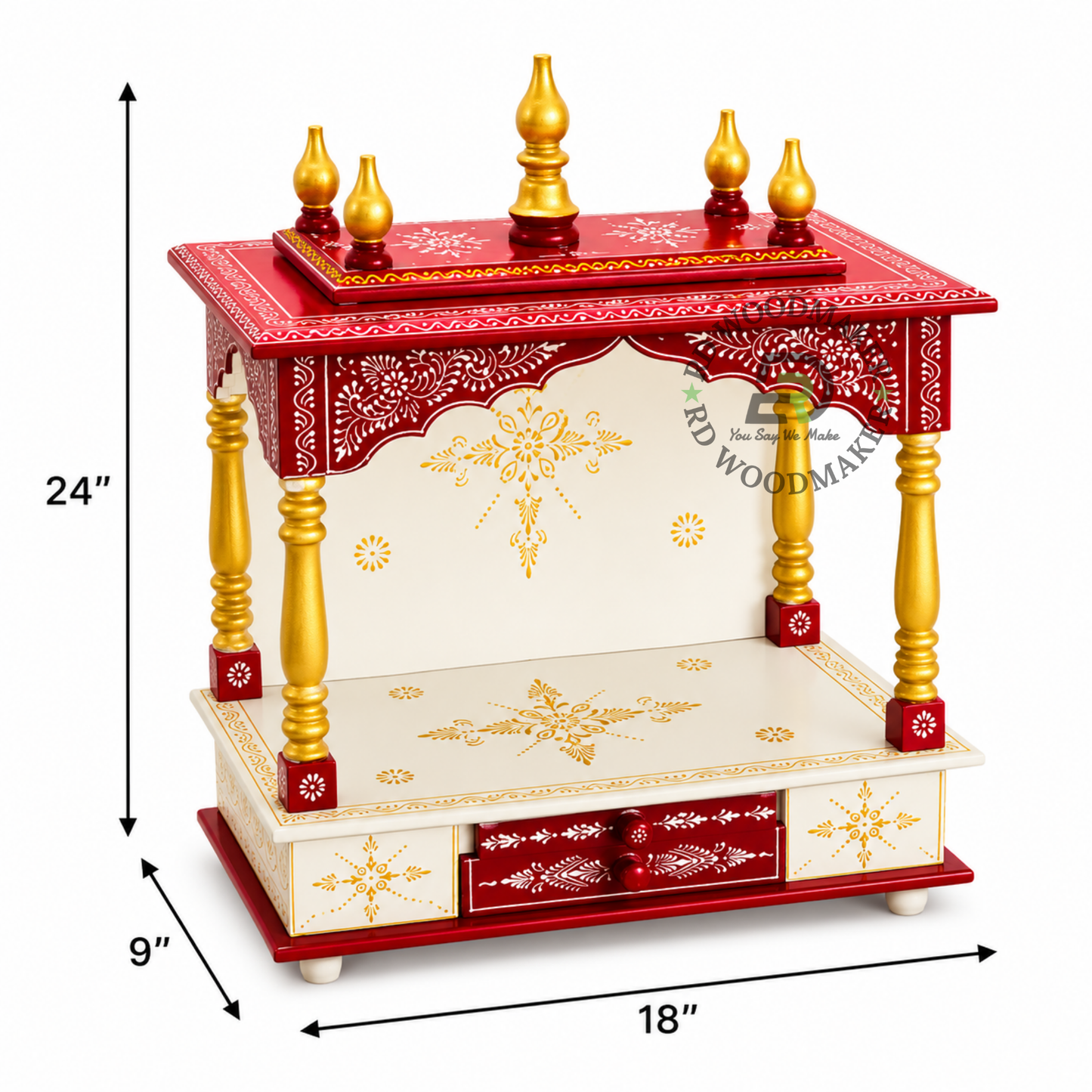 PREMIUM HAND-PAINTED IVORY & RED WOODEN HOME TEMPLE WITH ROYAL OPEN SHRINE & DOUBLE DRAWERS
