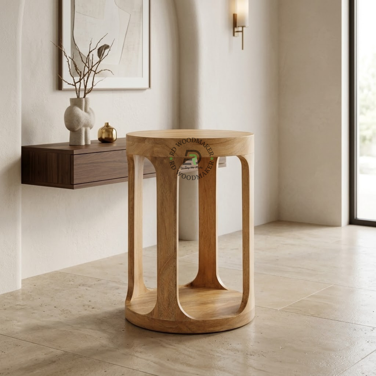 ELIO ROUND OPEN-FRAME SOLID WOOD MINI STOOL