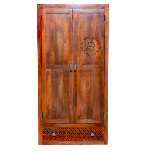 MODERN SOLID WOOD 2 DOOR WARDROBE WITH JALI DRAWER