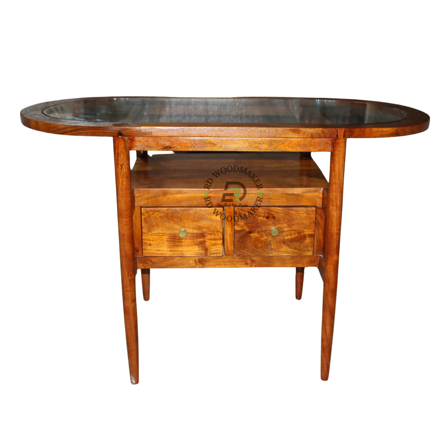 OVAL GLASS-TOP WOODEN CONSOLE TABLE WITH SHELF & DOUBLE DRAWERS