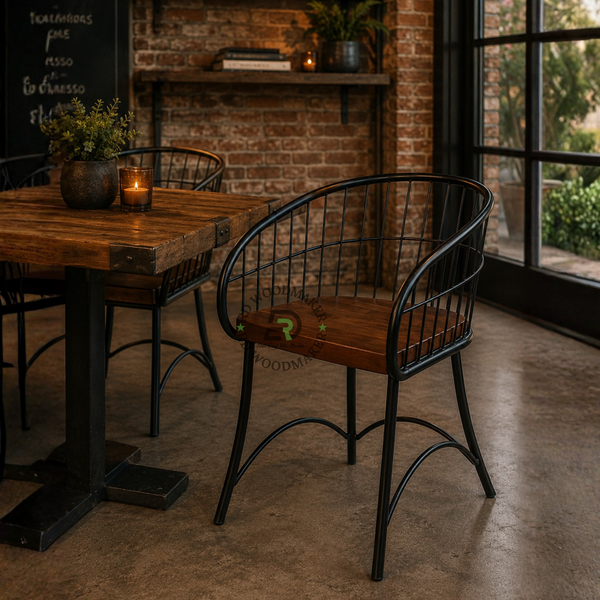 PREMIUM BLACK WIRE ARMCHAIR WITH BROWN UPHOLSTERED SEAT