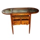 OVAL GLASS-TOP WOODEN CONSOLE TABLE WITH SHELF & DOUBLE DRAWERS