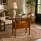 OVAL GLASS-TOP WOODEN CONSOLE TABLE WITH SHELF & DOUBLE DRAWERS