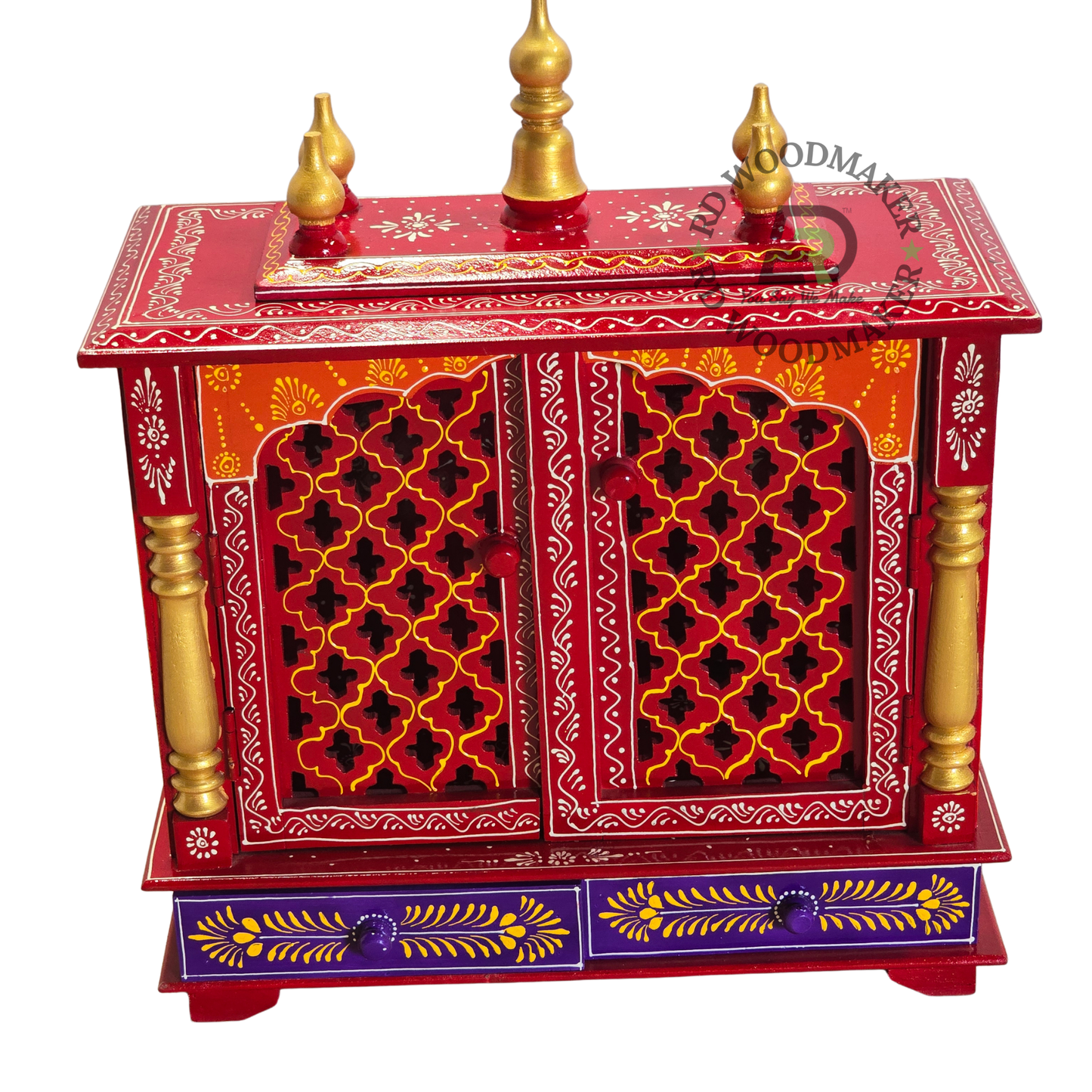 PREMIUM COMPACT HAND-PAINTED RED WOODEN HOME TEMPLE WITH JALI DOUBLE DOORS & TWO DRAWERS
