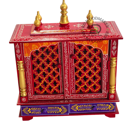 PREMIUM COMPACT HAND-PAINTED RED WOODEN HOME TEMPLE WITH JALI DOUBLE DOORS & TWO DRAWERS