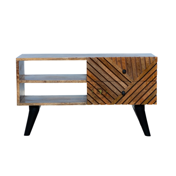 MODERN HERRINGBONE SOLID WOOD TV UNIT WITH STORAGE
