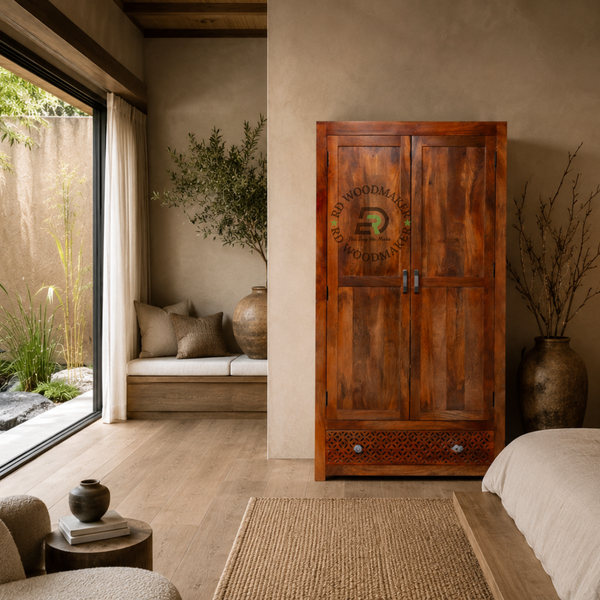 MODERN SOLID WOOD 2 DOOR WARDROBE WITH JALI DRAWER