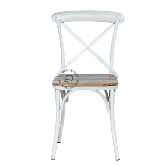 PREMIUM WHITE CROSS BACK METAL DINING CHAIR WITH WOODEN SEAT