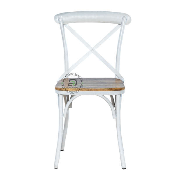 PREMIUM WHITE CROSS BACK METAL DINING CHAIR WITH WOODEN SEAT