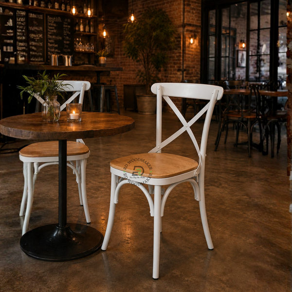 PREMIUM WHITE CROSS BACK METAL DINING CHAIR WITH WOODEN SEAT