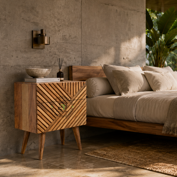 MODERN HERRINGBONE SOLID WOOD 2 DRAWER BEDSIDE TABLE