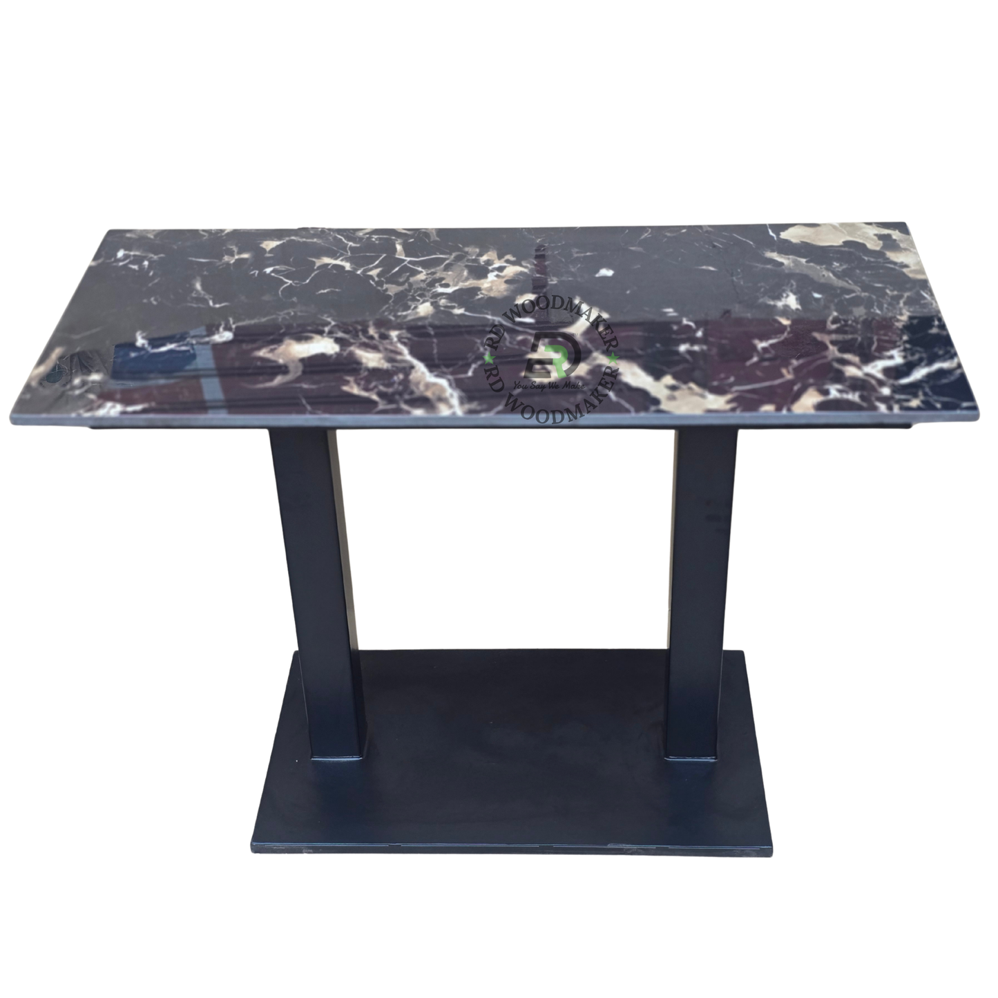 BLACK MARBLE-TOP DINING TABLE WITH DOUBLE COLUMN PLATFORM BASE