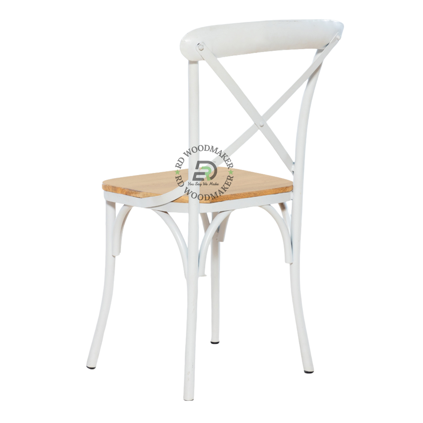 PREMIUM WHITE CROSS BACK METAL DINING CHAIR WITH WOODEN SEAT