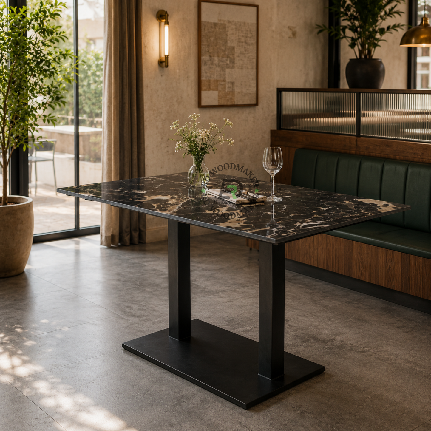 BLACK MARBLE-TOP DINING TABLE WITH DOUBLE COLUMN PLATFORM BASE