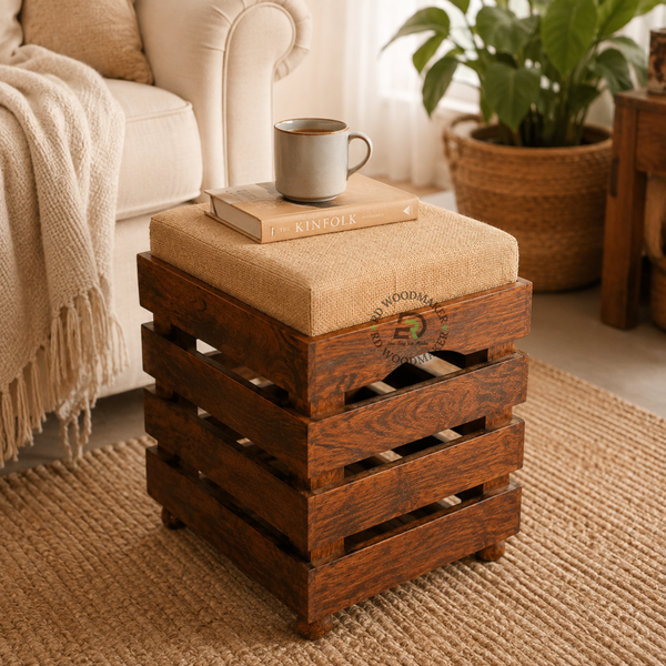 PREMIUM SOLID WOOD SLATTED CUSHION STOOL / OTTOMAN WITH UPHOLSTERED SEAT