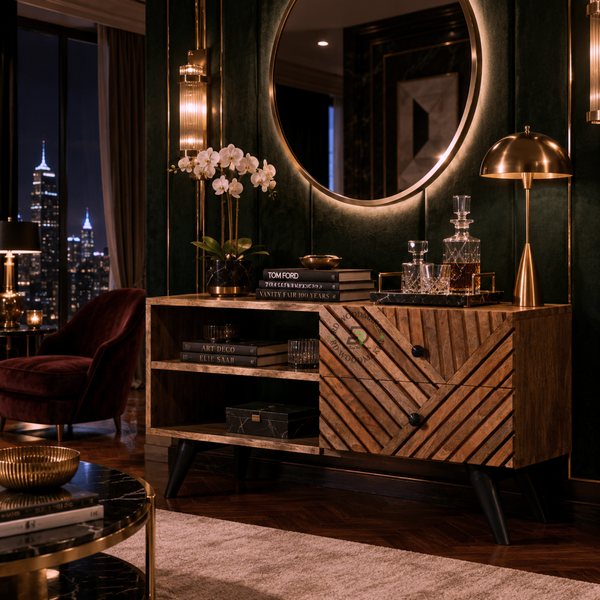 MODERN HERRINGBONE SOLID WOOD TV UNIT WITH STORAGE