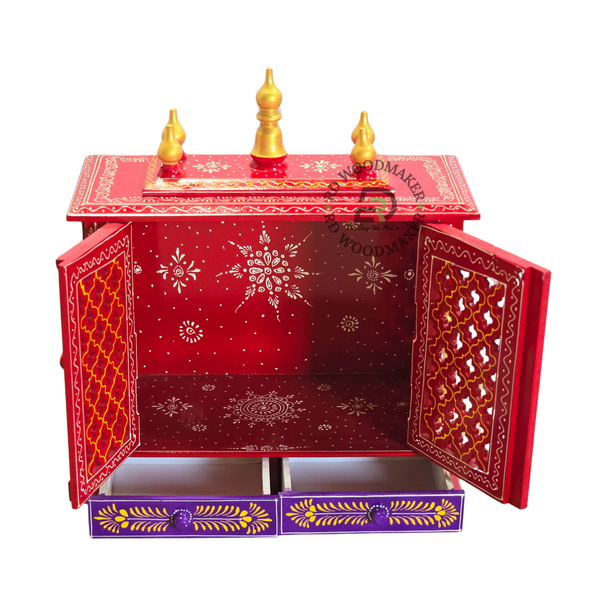 PREMIUM COMPACT HAND-PAINTED RED WOODEN HOME TEMPLE WITH JALI DOUBLE DOORS & TWO DRAWERS
