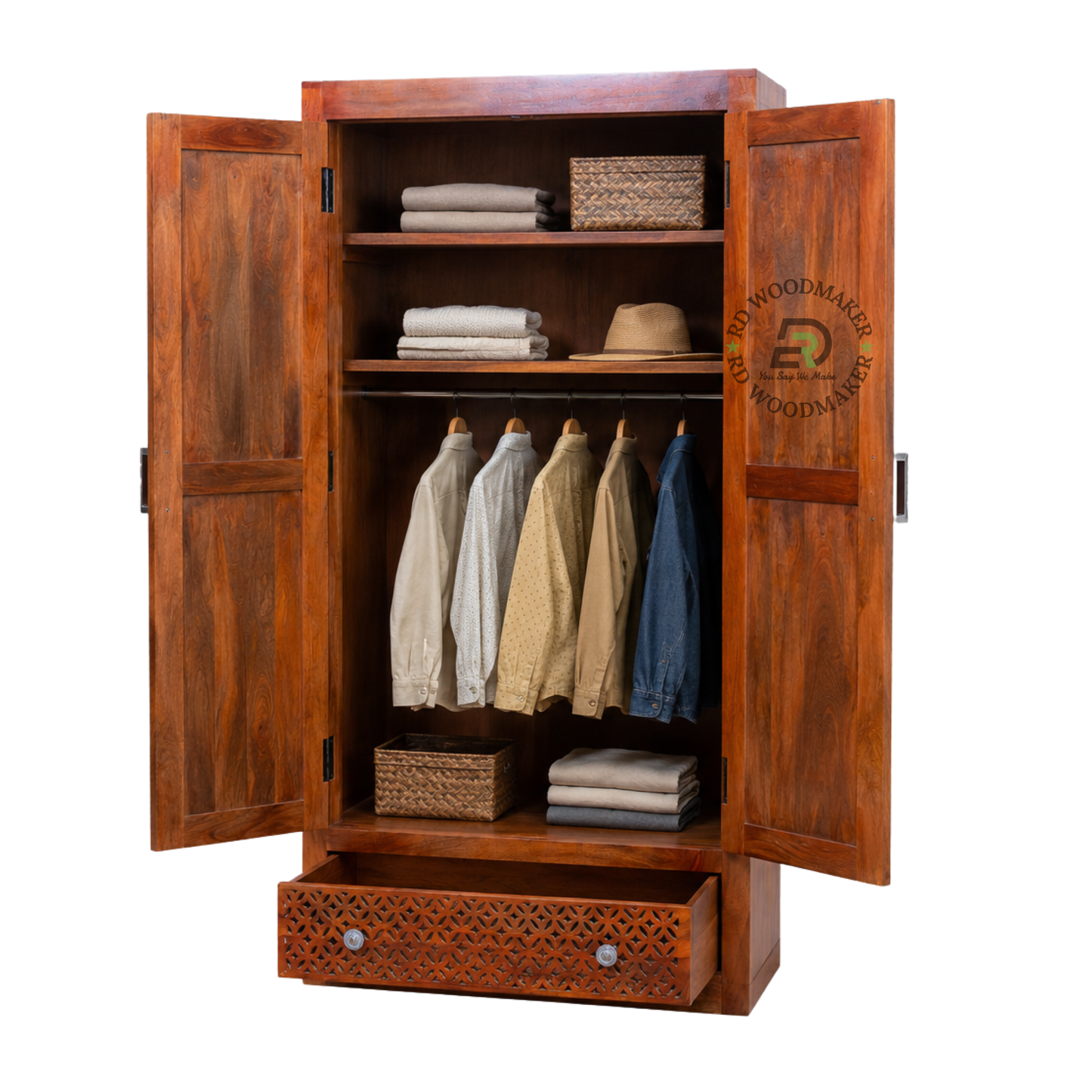 MODERN SOLID WOOD 2 DOOR WARDROBE WITH JALI DRAWER