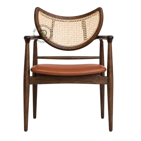 PREMIUM SOLID WOOD ARMCHAIR WITH CURVED CANE BACK & BROWN CUSHION