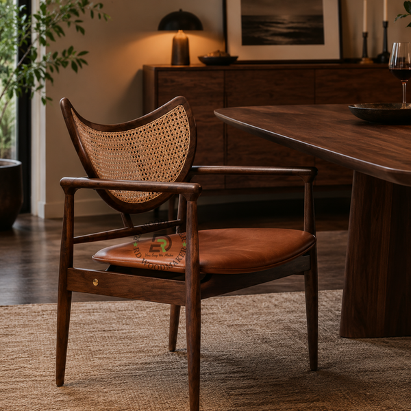 PREMIUM SOLID WOOD ARMCHAIR WITH CURVED CANE BACK & BROWN CUSHION