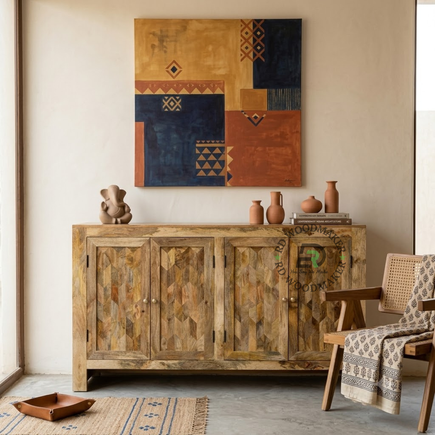 NATURAL GEOMETRIC WOODEN FOUR-DOOR SIDEBOARD