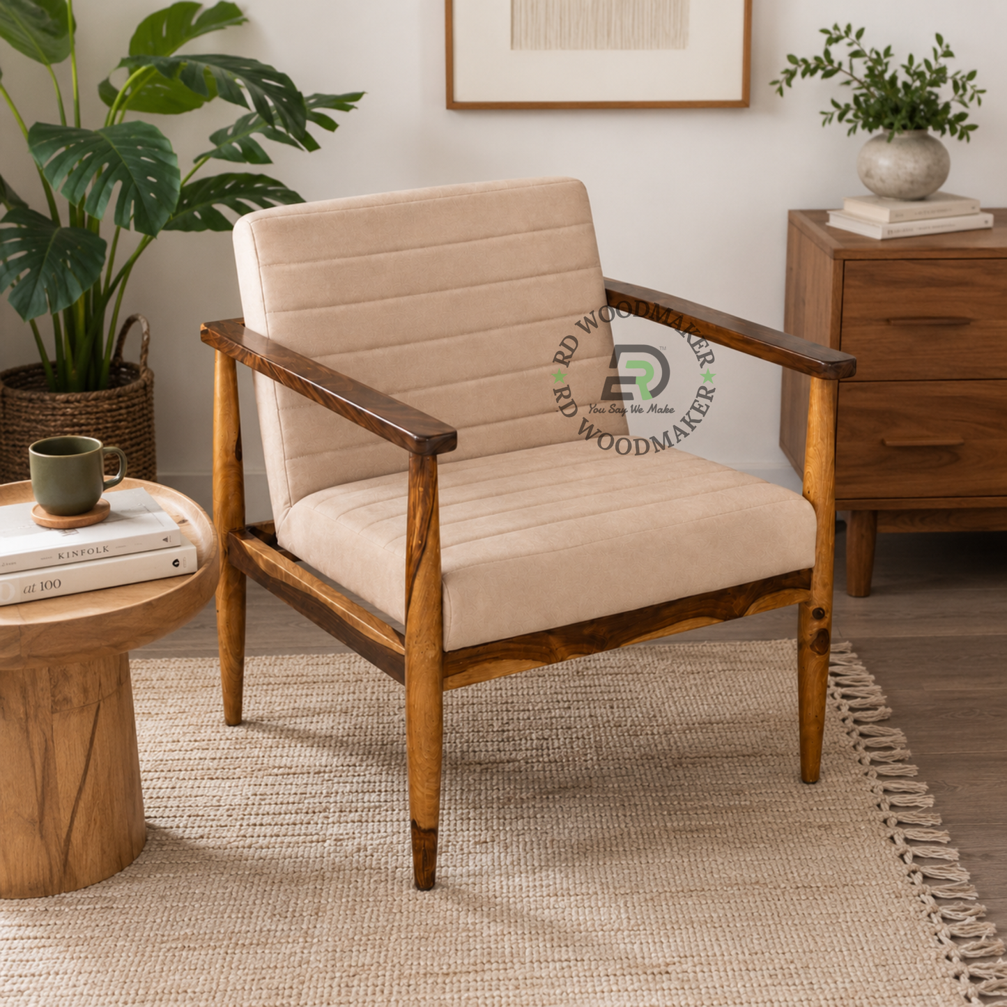 BEIGE WOODEN FRAME LOUNGE CHAIR