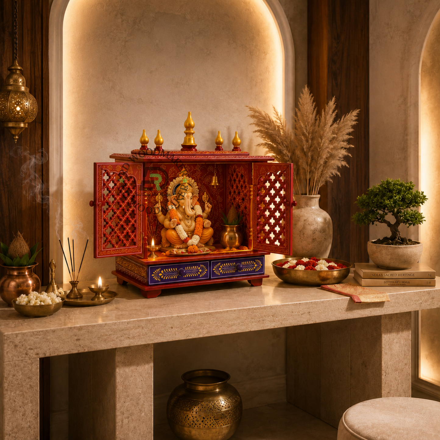 PREMIUM COMPACT HAND-PAINTED RED WOODEN HOME TEMPLE WITH JALI DOUBLE DOORS & TWO DRAWERS