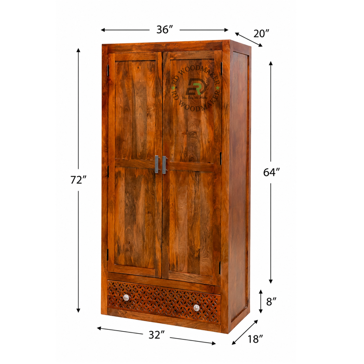 MODERN SOLID WOOD 2 DOOR WARDROBE WITH JALI DRAWER
