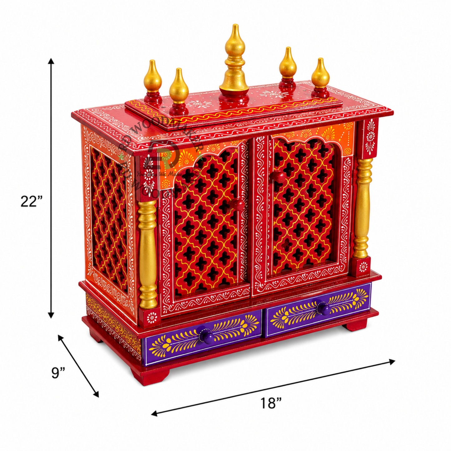 PREMIUM COMPACT HAND-PAINTED RED WOODEN HOME TEMPLE WITH JALI DOUBLE DOORS & TWO DRAWERS
