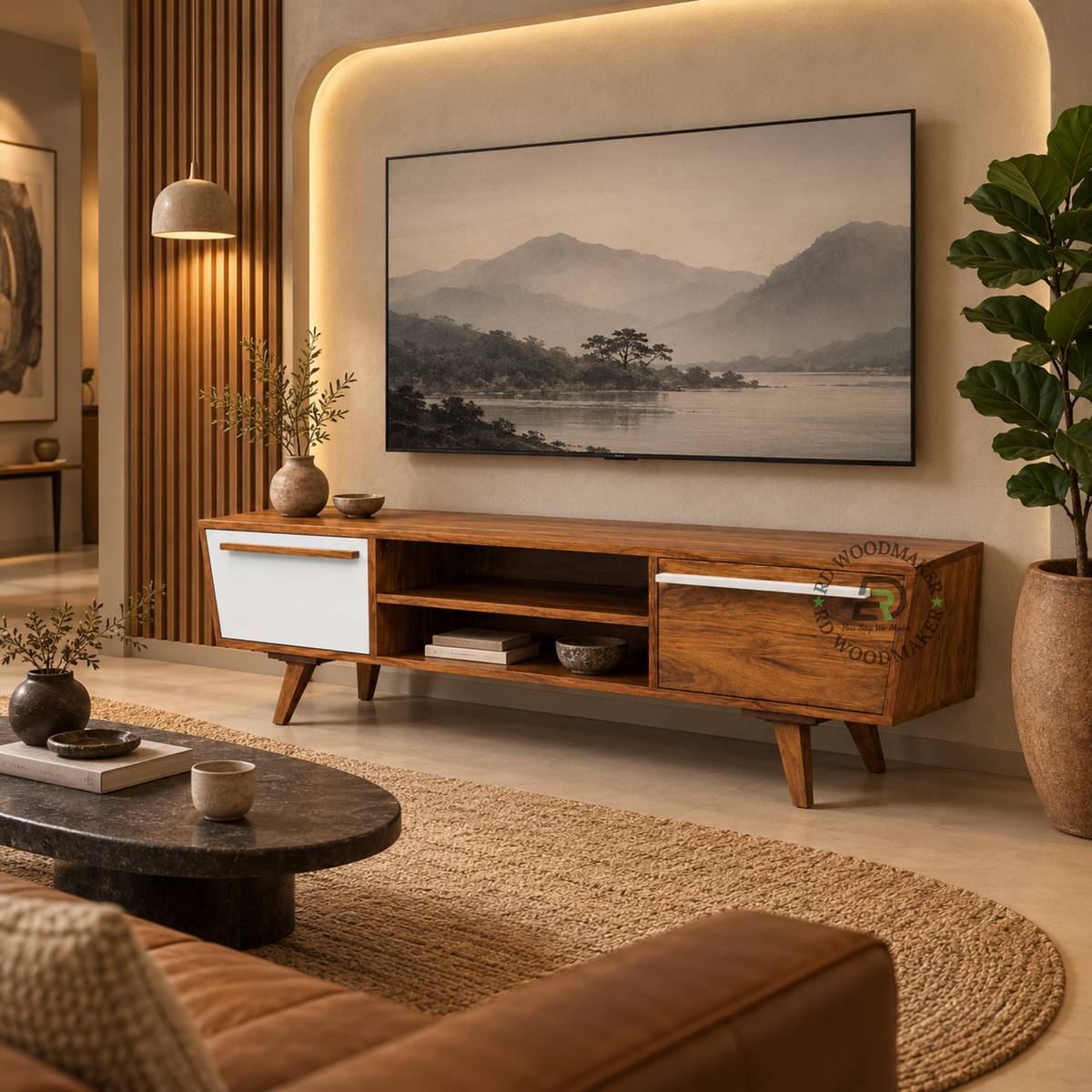 LUMEN TWO-TONE SOLID WOOD TV UNIT WITH OPEN SHELVES